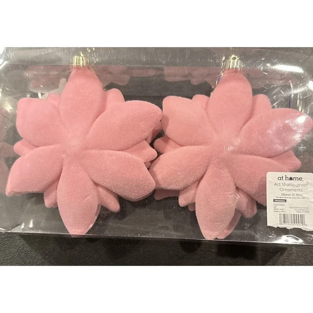 Pink Poinsettia Flocked Gold Glitter Shatterproof 4 Ornaments Christmas Tree NEW